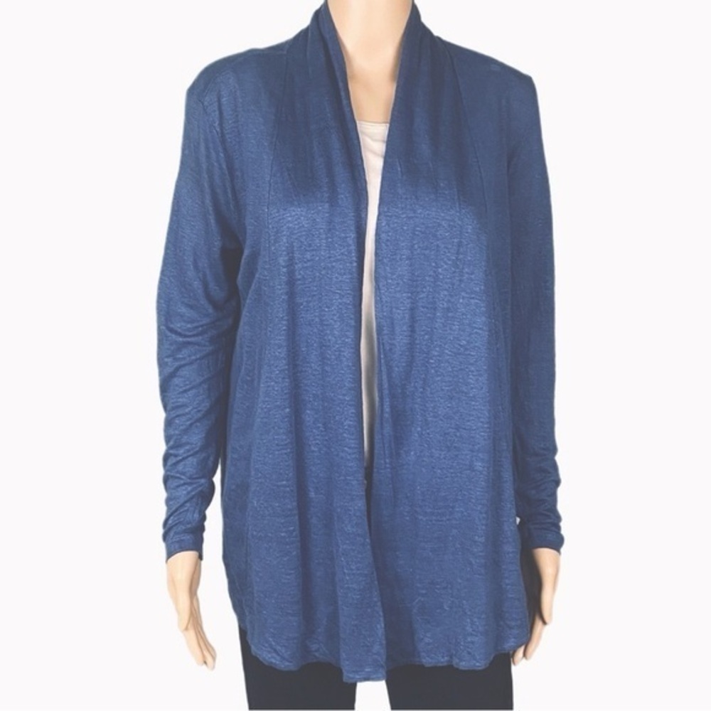 J.JILL 100% Linen blue open front lightweight waterfall cardigan Small/Petite